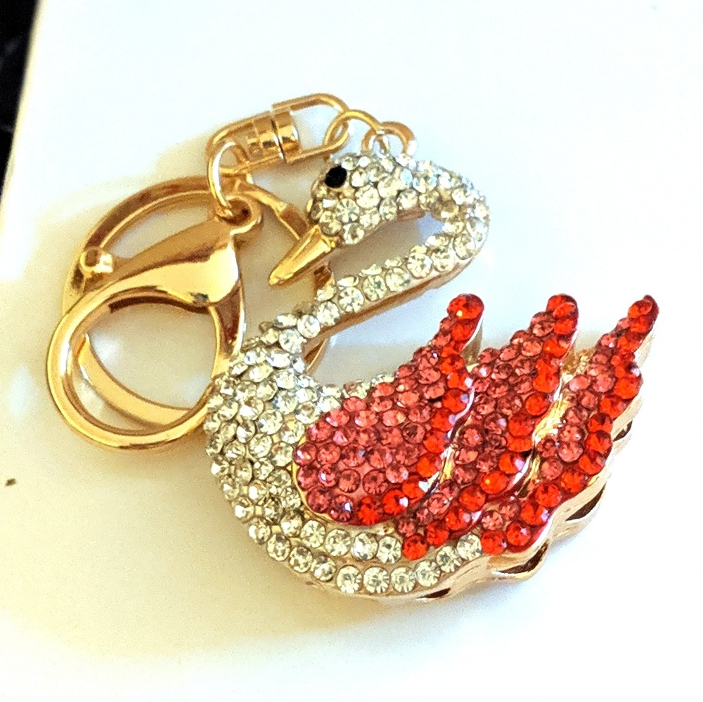 Rhinestone Swan Gold Tone Keychain